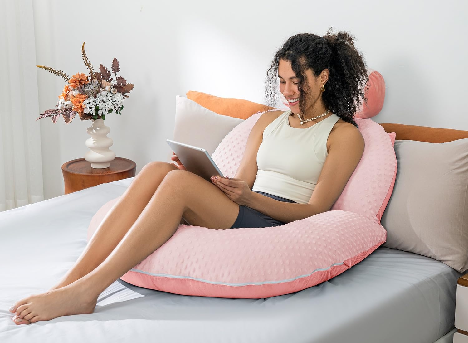 INSEN Reading Pillow, Back Pillow for Sitting in Bed and Couch, Gaming Pillow for Adults, Sit Up Support for Bed (Upgrade-Dot Velvet-Pink, Upgraded)