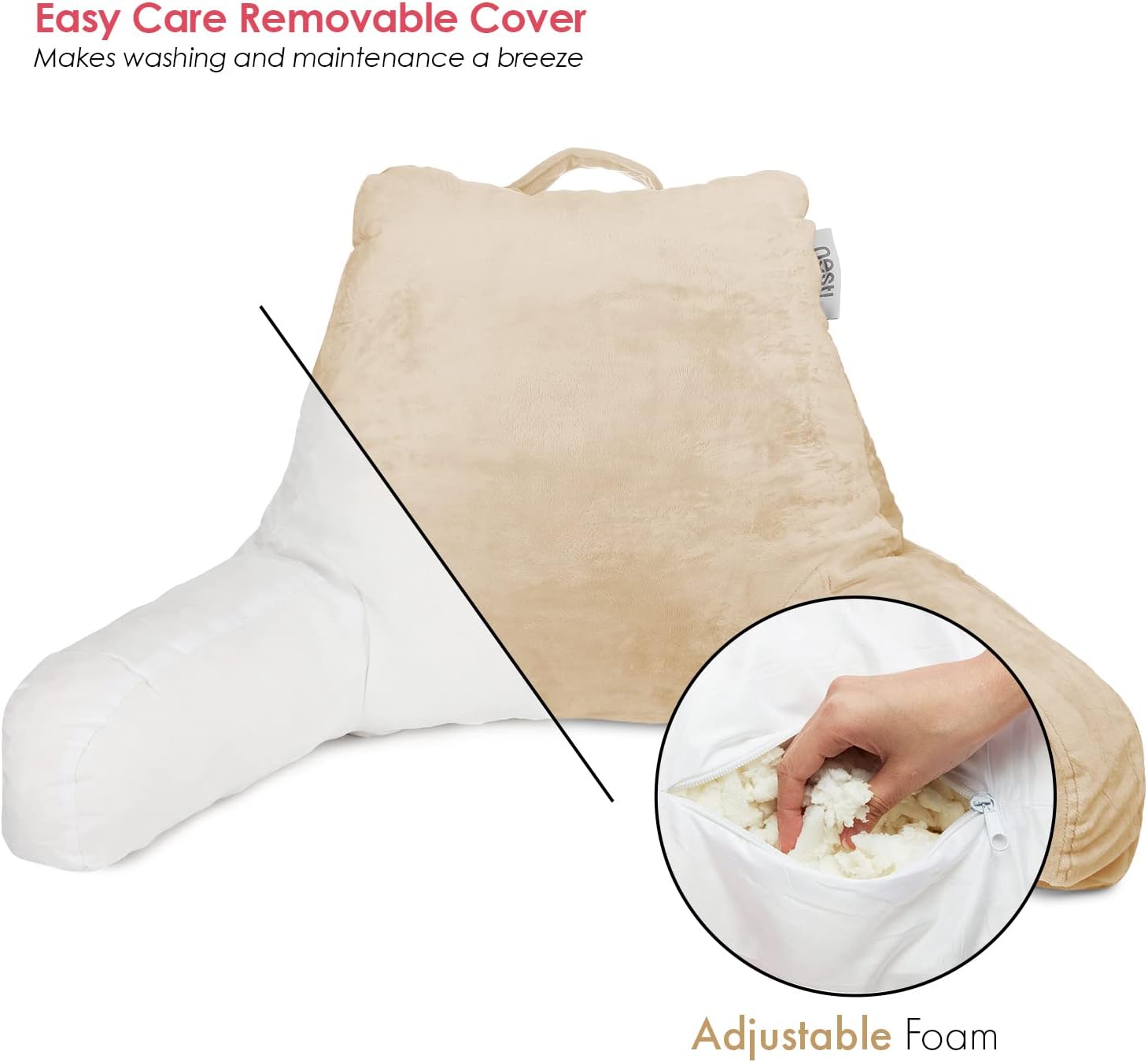 Nestl Reading Pillow for Kids & Teens with Shredded Memory Foam, Backrest Pillows for Reading, Watching, and Gaming, Use on the Couch, Bed, or Floor, Adjustable Support with Washable Cover Beige Cream