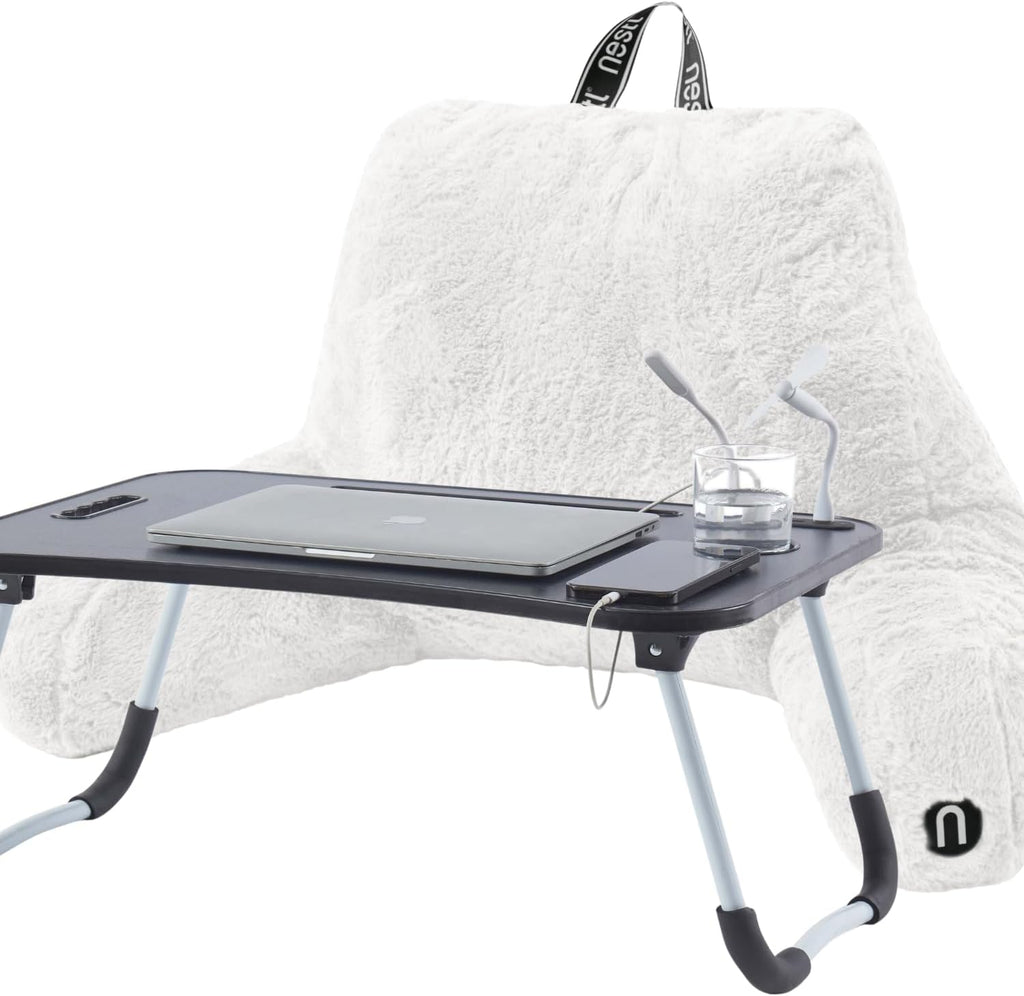 Nestl Fur Reading Pillow with Laptop Lap Desk, Stylish Back Pillow for Sitting Up, Lap Desk with Reading Pillows for Sitting in Bed Adult & Kids, Faux Fur Chair Pillow with Arms - White