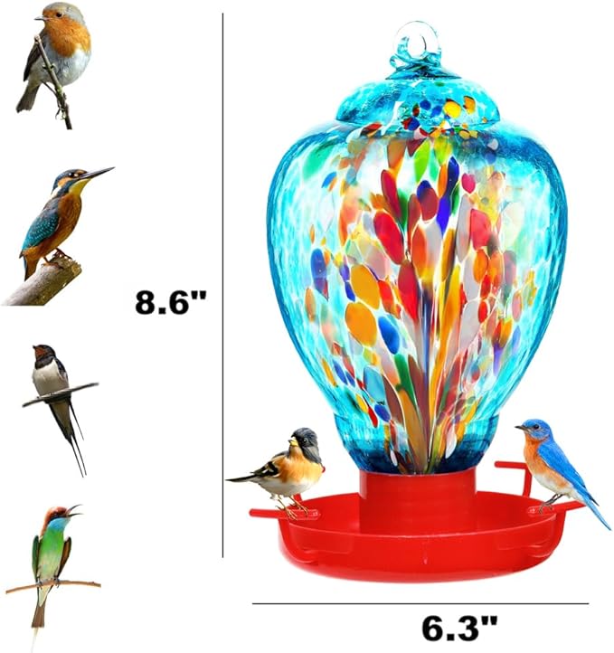 Colorful Glass Wild Bird Waterer 32 Oz Bird Water Feeder for Outdoors Garden Outside Water Cooler Tree Yard Decoration (Blue-fire)