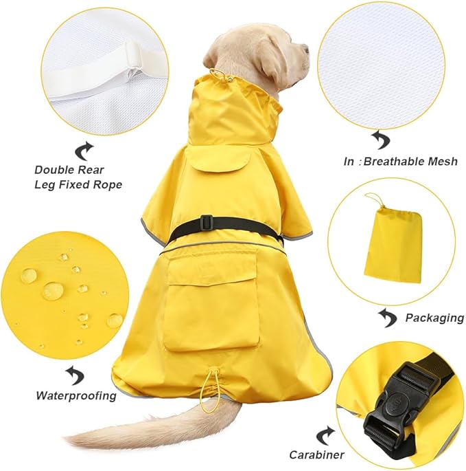 Dog Raincoat Waterproof Dog Rain Coat with Hoodile, Reflective Adjustable Lightweight Pet Rain Jacket for Medium Large Dogs(Yellow, 4XL)