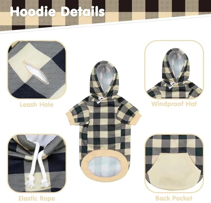 KOOLTAIL Plaid Dog Hoodie Pet Clothes Sweater with Hat and Pocket for Small Medium Large Size Dogs, Soft Winter Warm Dog Cold Weather Coat, Fleece Fall Dog Hooded Sweatshirt for Puppy Cats, Beige L