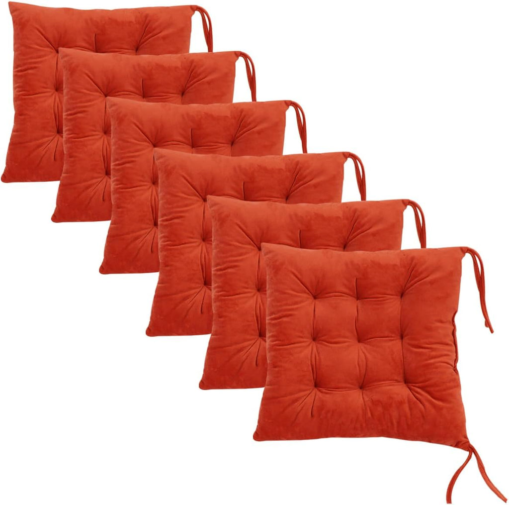 6 Pack Square Seat Cushion Chair Pads for Kitchen Dining Chairs, Soft Comfort Velvet Chair Mat Pillow Cushions with Ties for Office Desk Living Room Tatami 15.5", Orange
