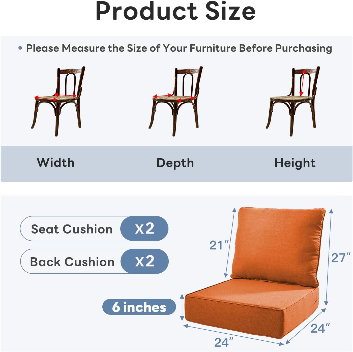 6" Thicker Outdoor Chair Cushion 2 Sets - 24" *24" *6" Waterproof Patio Furniture Cushions with Removable Cover, 28D High Density Sponge Filling Thicken Outdoor Patio Cushions - Orange