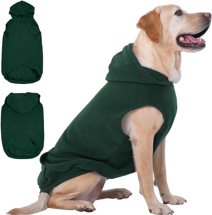IECOii XXL Dog Hoodie for Large Dogs, Fleece Dog Sweatshirt for Large Breed Male Female Dogs,Pet Pouch Hoodie Winter Sweater Coat with Leash Hole, Warm & Lightweight Outfit for Pitbull, Green, 2XL
