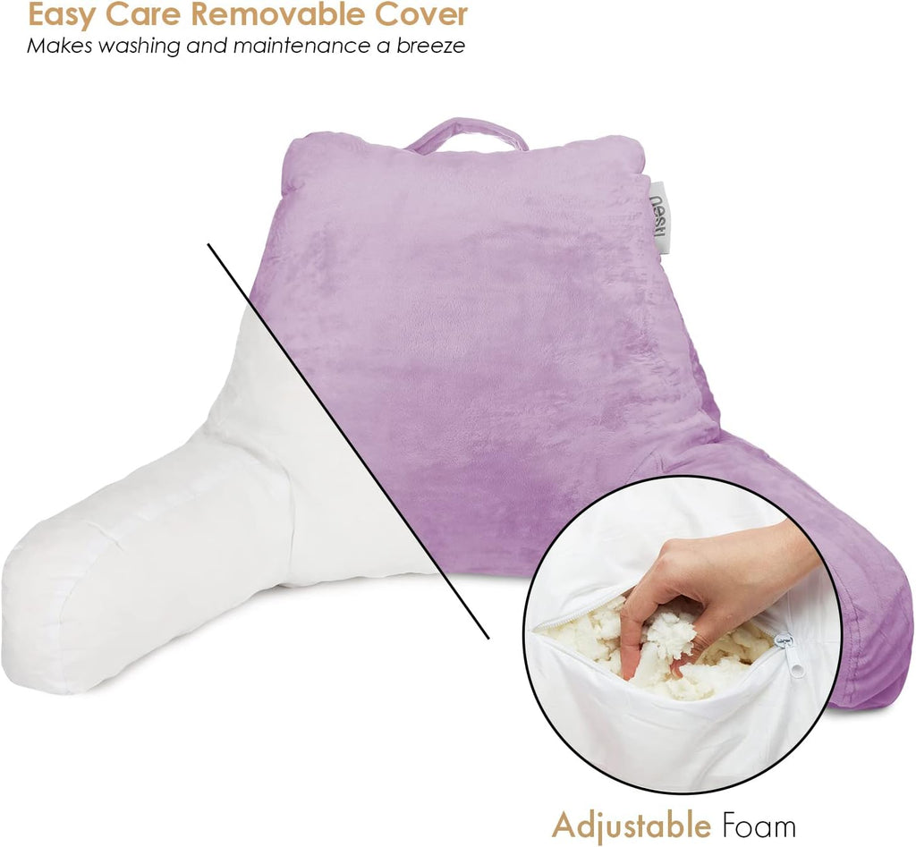 Nestl Reading Pillow with Shredded Memory Foam, Designed for Sitting Up in Bed and Couch, Back and Arms Adjustable Support for Adult & Teens Backrest Pillows for Reading, with Washable Cover Lavender