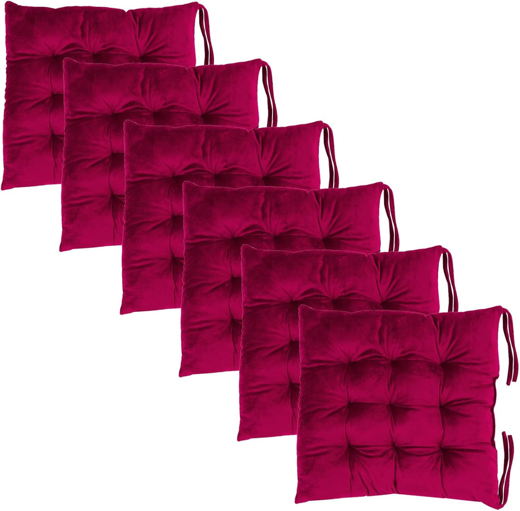6 Pack Square Seat Cushion Chair Pads for Kitchen Dining Chairs, Soft Comfort Velvet Chair Mat Pillow Cushions with Ties for Office Desk Living Room Tatami 15.5", Burgundy Red