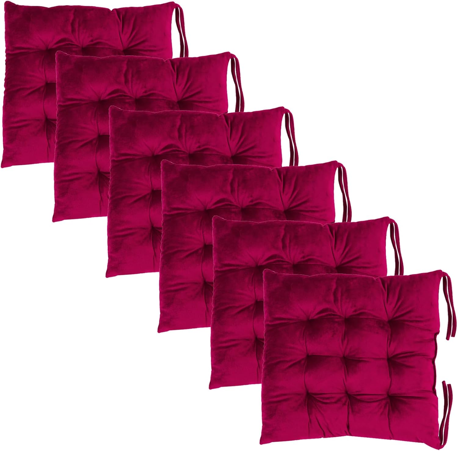 6 Pack Square Seat Cushion Chair Pads for Kitchen Dining Chairs, Soft Comfort Velvet Chair Mat Pillow Cushions with Ties for Office Desk Living Room Tatami 15.5", Burgundy Red