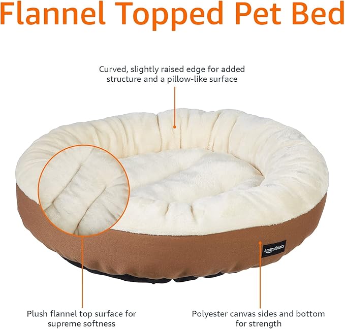 Amazon Basics Round Bolster Pet Bed for Dog or Cat with Flannel Top, 20.0" L x 20.0" W x 8.0" Th, Brown and Ivory