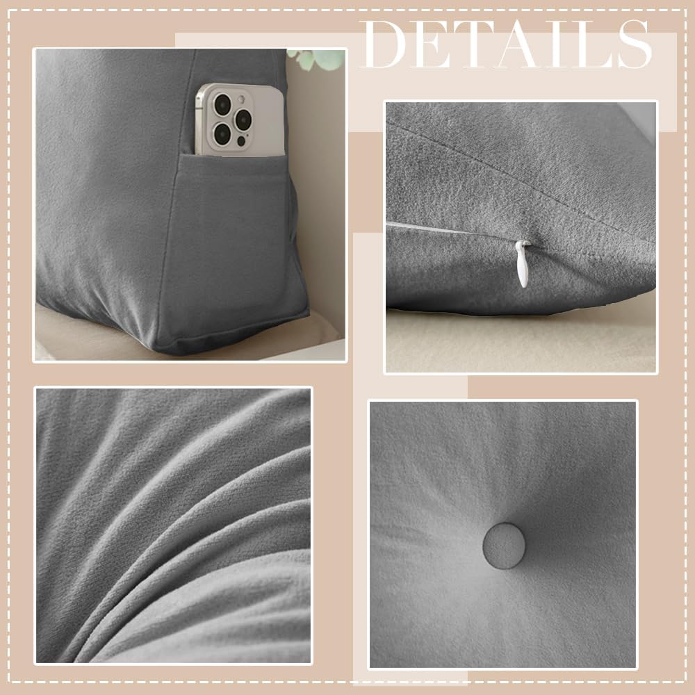 Queen Size Headboard Pillow Wedge Long Backrest Positioning Support for Sitting up Sleeping in Daybed Sofa Couch Wedge Bed Gap Filler Rest Large Reading Pillow with Side Pocket Bolster Cushion