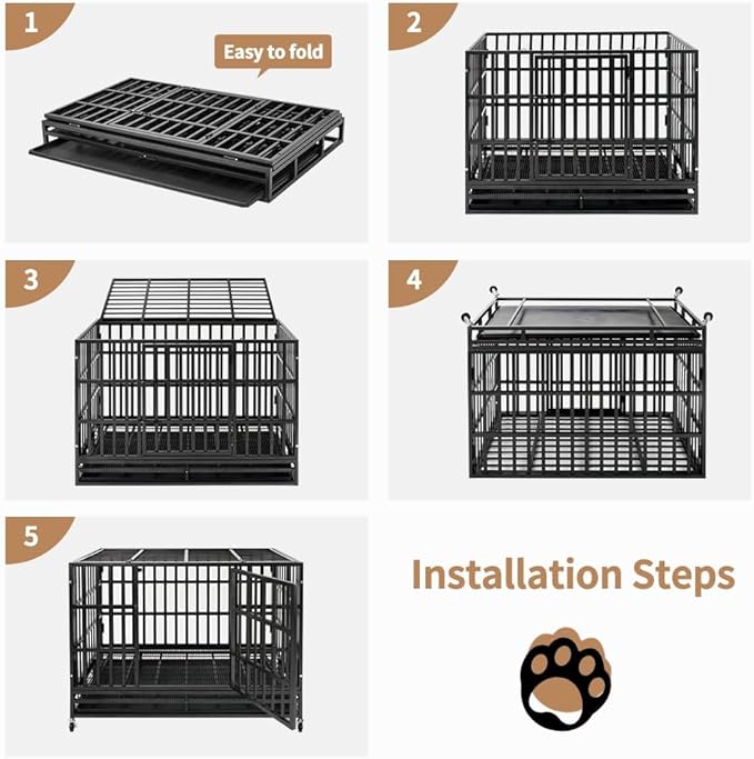 48 Inch Heavy Duty Indestructible Dog Crate Steel Escape Proof, Indoor Double Door High Anxiety Cage, Kennel with Wheels, Removable Tray, Extra Large XL XXL