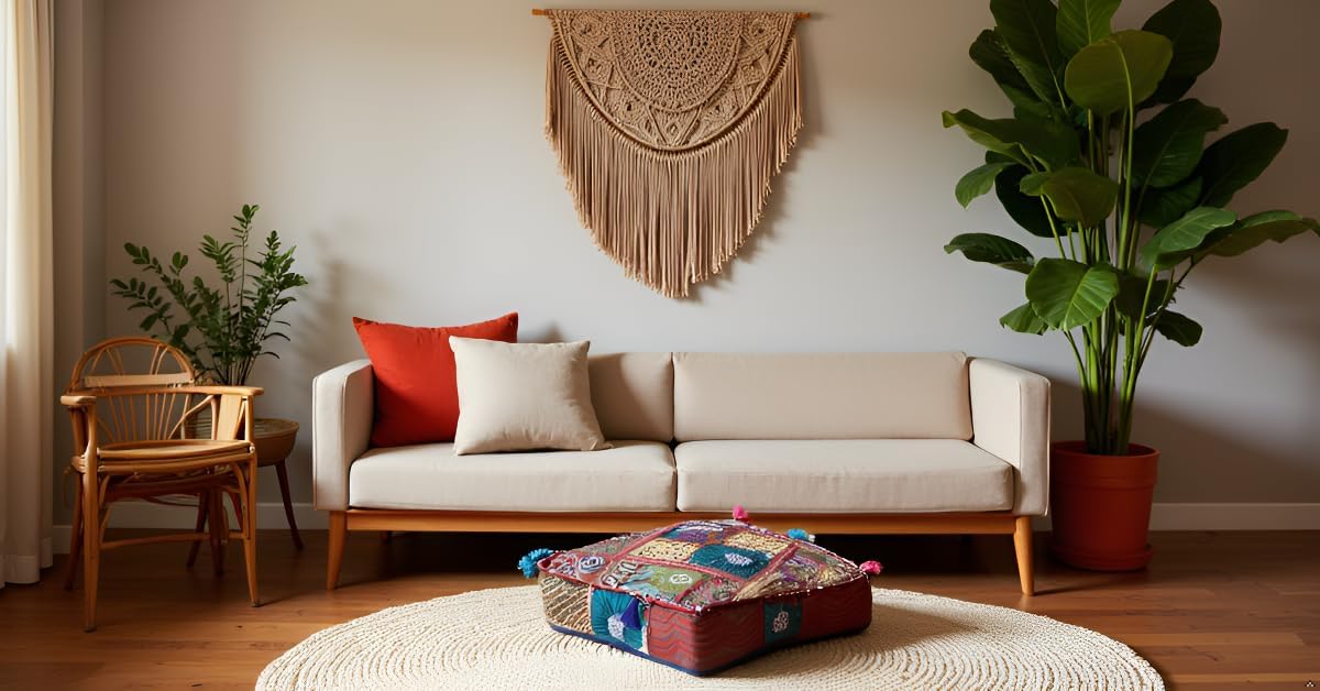 CRAFT KALA Indian Square Patchwork Traditional Pouf Cover Indian Living Room Poufs Decorative Embroidered Designer Ottoman Home Living Footstool Chair Cover Decor Pillow Cover 18x18x5 inches, Dark Red