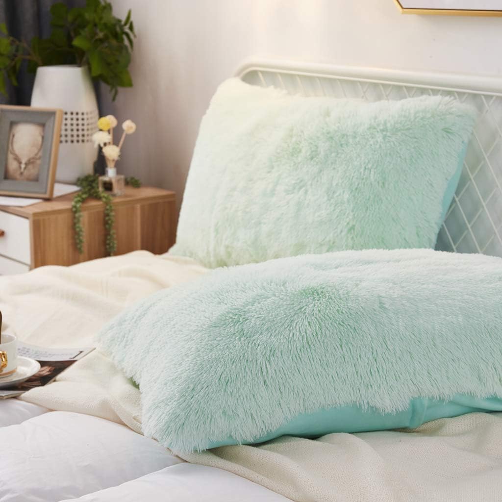 Uhamho Set of 2 King Faux Fur Throw Pillow Covers Soft Velvet Decorative Pillowcases Zipper Closure(20 x 36 Inches Aqua)