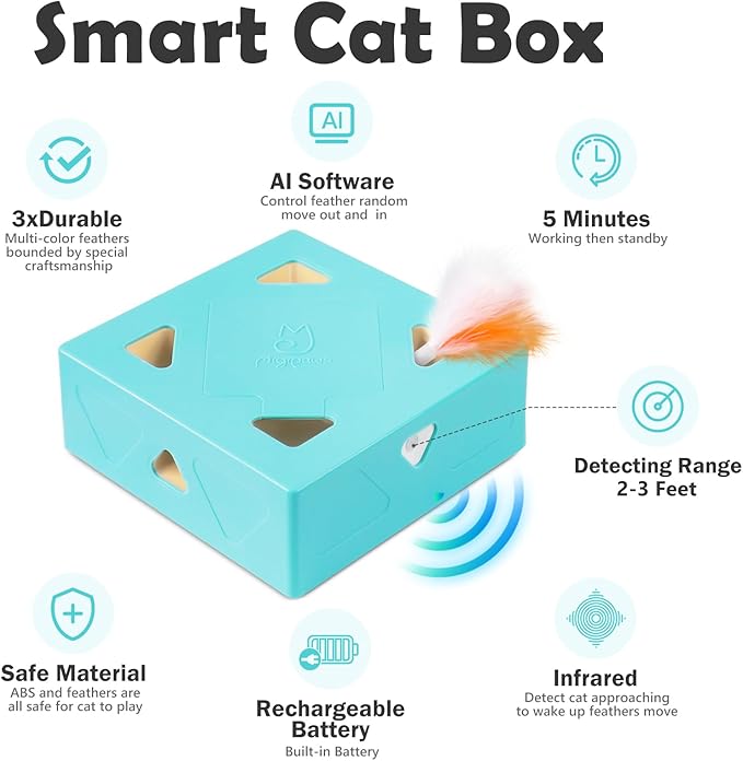 Migipaws Automatic MigiBox Cat Toys 3 n1 Interactive Pounce Mystery Under PopSkin 7 Holes Cardboard Kitten Toys for Indoor Rechargable 6 Accessories(Blue)