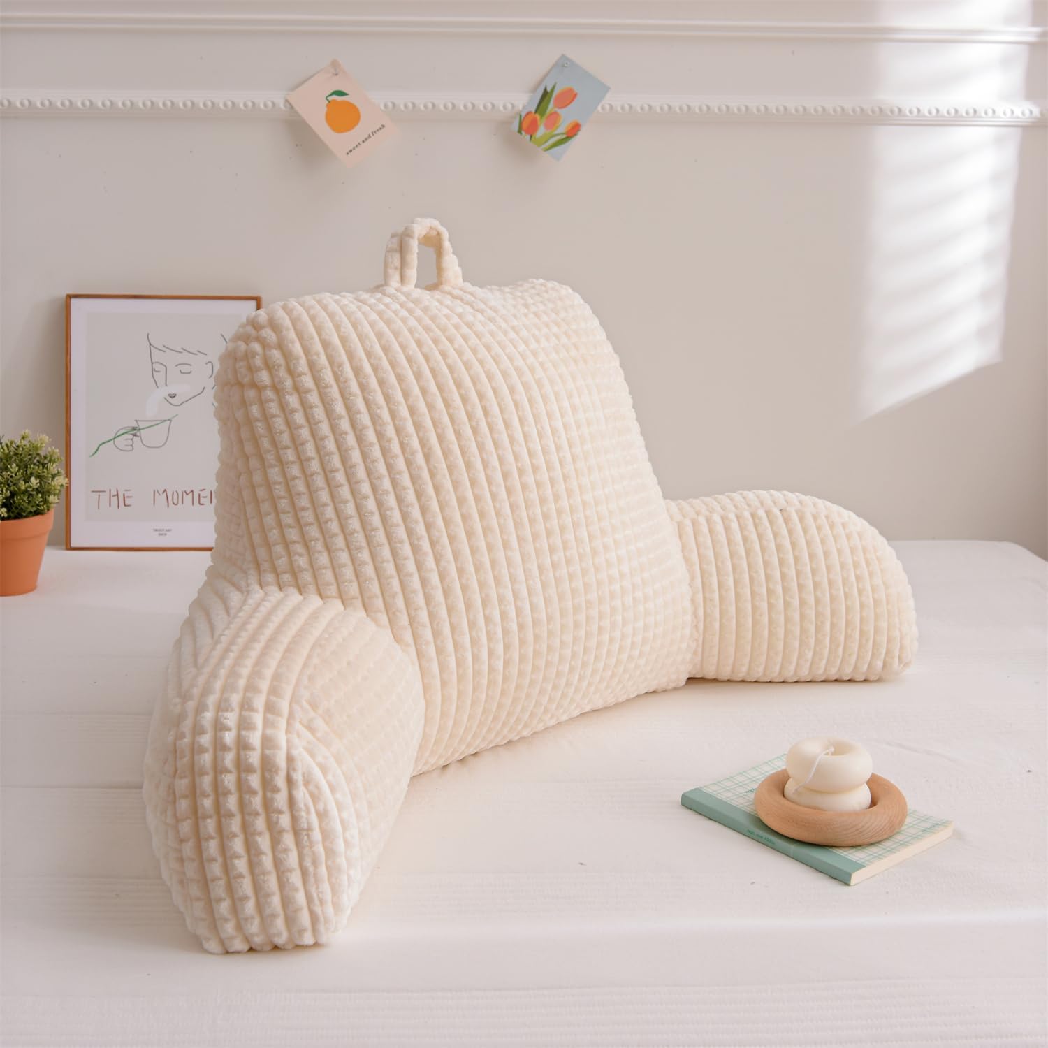 Holawakaka Adults Reading Pillow with Arms, Backrest Reading & Rest Pillows for Sitting Up in Bed, Bed Rest, Lounging, Working on Laptop,Arms Back Support Cushion for Men Women Teens, Ivory