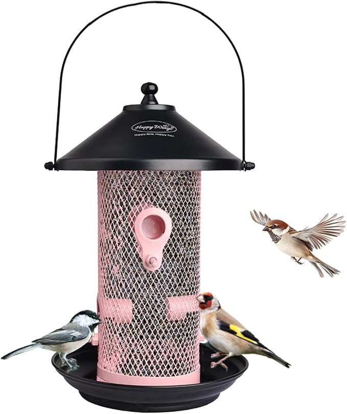 Hanging Metal Mesh Tube Bird Feeder for Wild Birds- Pink I 4 Metal Perches I Durable & Heavy -Duty I Weatherproof, Completely Removable Finch Bird Feeder for Balcony - 2 Lb Capacity