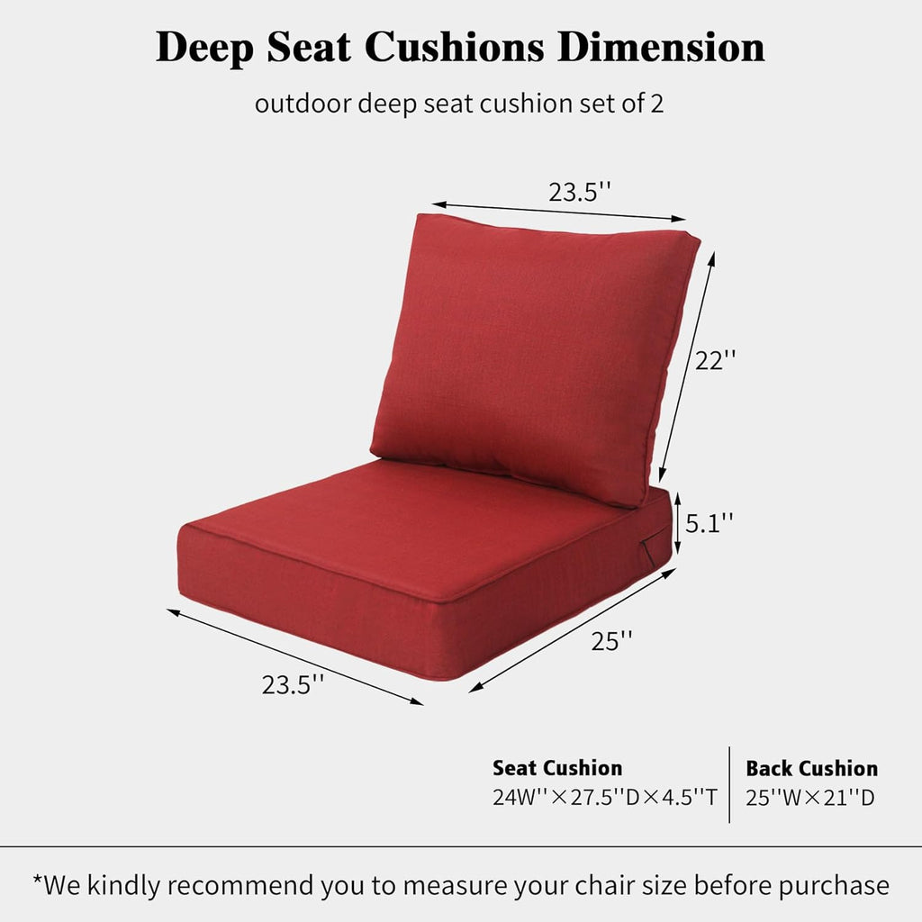 23.5x25 inch Outdoor/Indoor Deep Seat Patio Cushions Set of 2 Deep Seat Bottom Resilient Foam Filling Water Repellent Stain-Resistant UV Resistant Weather Resistant Chili