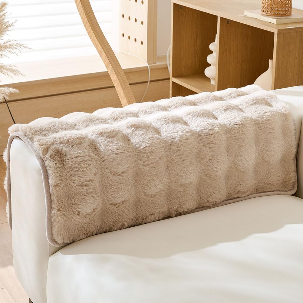Faux Fur Armrest Cover Backrest Cover Fuzzy Plush Thick Bubble Sofa Cover Luxury Soft Cozy Couch Cover Anti-Slip Sofa Slipcover Washable Furniture Protector (Khaki,28"x28")