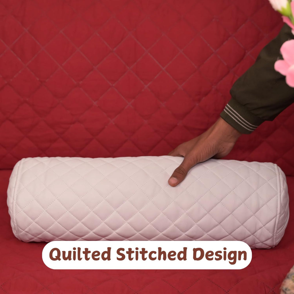 Neck Roll Pillow Cushion Cover, 22x6 Inch Full Moon Round Bolster Pillow Case, Cylinder Soft Lambskin Leather Pillowcase for Head, Spine & Neck Support During Sleep - Quilted White Pack of 1