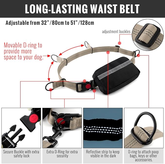 Plutus Pet Hands Free Retractable Bungee Leash with Reflective Stitches, Dual Handle Adjustable Waist Leash for Dog Walking, Running, Jogging, Medium Large Dogs