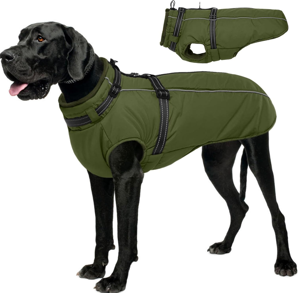 Lelepet Dog Coat with Harness Built in, Waterproof Dog Jacket for Large Dogs Reflective Winter Jacket with Zip Warm Cold Weather Coats for Dogs,Turtleneck Snowsuit, Great Dane, Army Green, XXXL