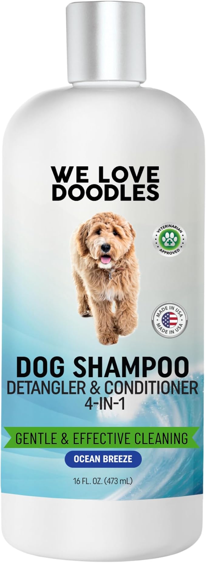 Dog Shampoo, Conditioner & Detangler - Best Shampoo for Goldendoodles, Poodles & Doodles - for Matted Pet Hair - Sensitive Skin Shampoo for Puppies - Made in The USA, 16OZ (Ocean Breeze)