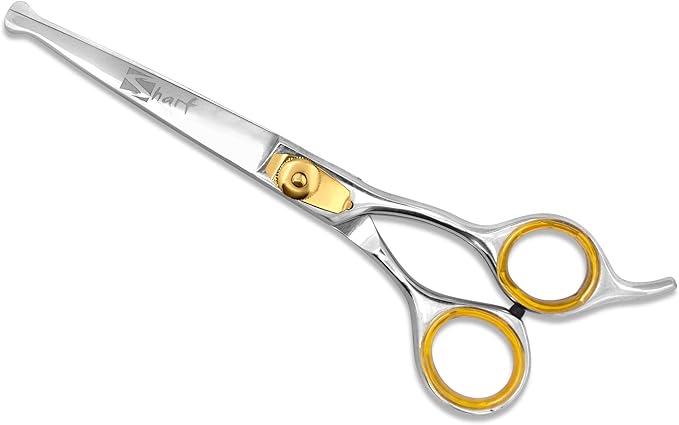 Sharf Dog Grooming Scissors, Gold Touch 6.5 Inch Curved Sharp Professional Pet Grooming Shear with Safety Round Tip, Ball Point for Safe and Easy Use Even for Nose, Ear and Face