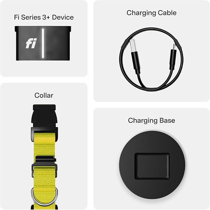New Fi Series 3+ Smart Dog Tracker Collar [12 Month Membership Included] GPS Tracker for Dogs with Health & Behavior Monitoring, Escape Alerts, Waterproof, LED, Apple Watch Compatible (Yellow, Large)