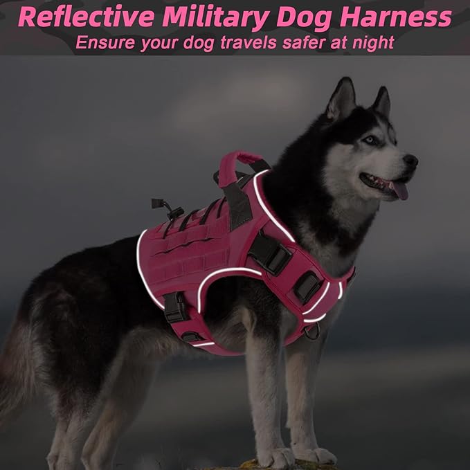 WINGOIN Pink Tactical Dog Harness for Large Dogs, Heavy Duty No Pull Dog Harness with Handle, Adjustable Reflective Military K9 Big Pet Vest for Husky, Doberman, Walking, Training, Hunting (XL)