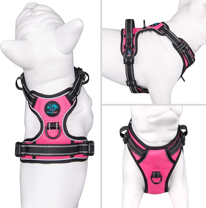 PHOEPET No Pull Dog Harness Medium Reflective Front Clip Puppy Vest with Handle, Adjustable 2 Metal Leash Attachment Hooks(M, Pink)
