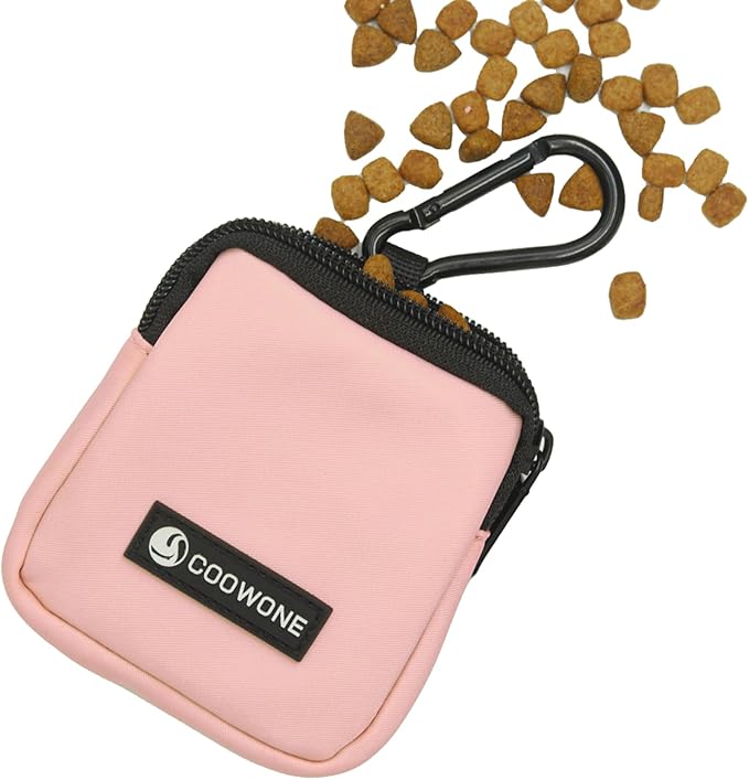 COOWONE Dog Treat Pouch Pocket Sized Pet Puppy Training Pouch for Dog Training Behavior Aids, Waterproof Nylon Fabric Dog Poop Bag Holder, Hands Free Dog Walking Bag with Metal Carabiner (Pink)
