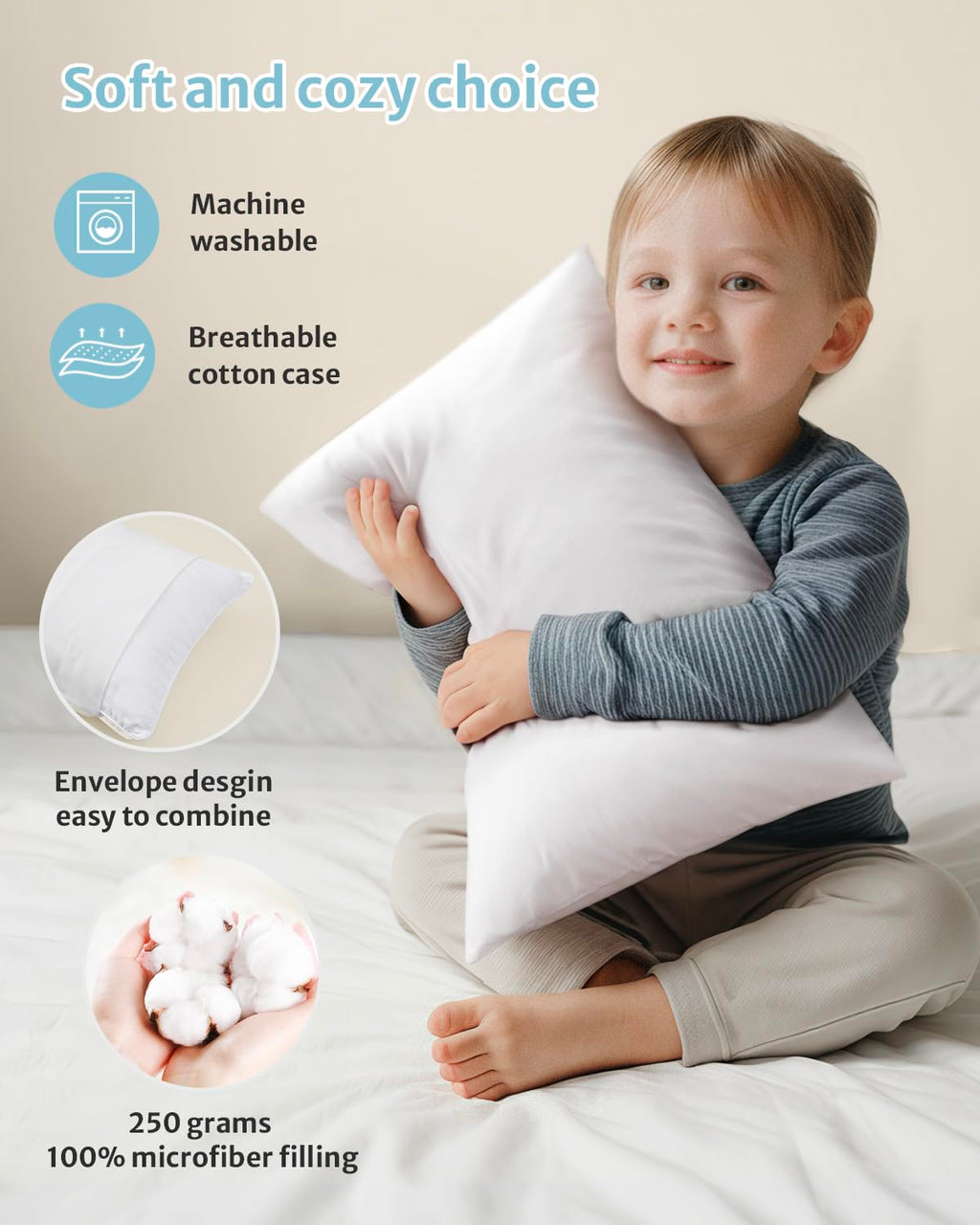 Babebay Toddler Pillow,13X18 Soft Toddler Pillows for Sleeping, Machine Washable Kids Pillow with Cotton Pillowcase, Perfect for Travel (White)