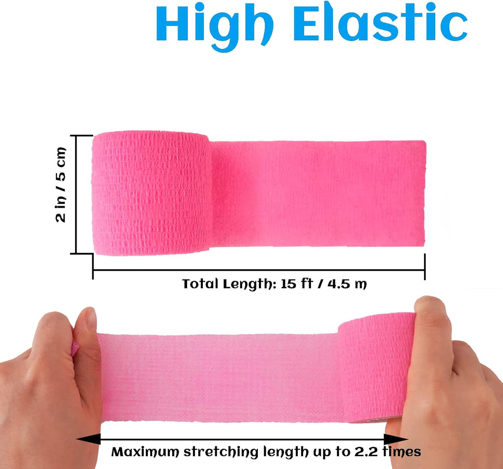 24 Rolls Pink Elastic Self Adhesive Bandage Wrap, Breathable Flexible Fabric Non Woven Cohesive Bandage, Ankle Sprains Swelling Medical First Aid Sports Athletic Tape, Dogs Pet Vet Wrap 2 in x 5 Yards
