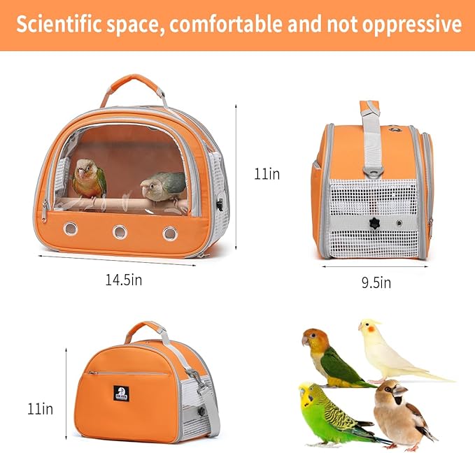 Bird Carrier,Bird Cage Parakeet Parrot Budgie Carrier Backpack for Small Birds, Travel Bird Cages with Perch, Transparent Ventilation Cockatiels, Lightweight Pet Carrier for Outdoor Use(Orange)