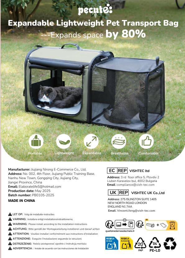 pecute Dog Car Carrier Stable and Light Weight, Expandable Extra Space Dog Carrier for Cars, Breathable Dog Car Crate, Foldable Pet Carrier for Both Indoor and Outdoor Use, Pet Travel Crate Gray