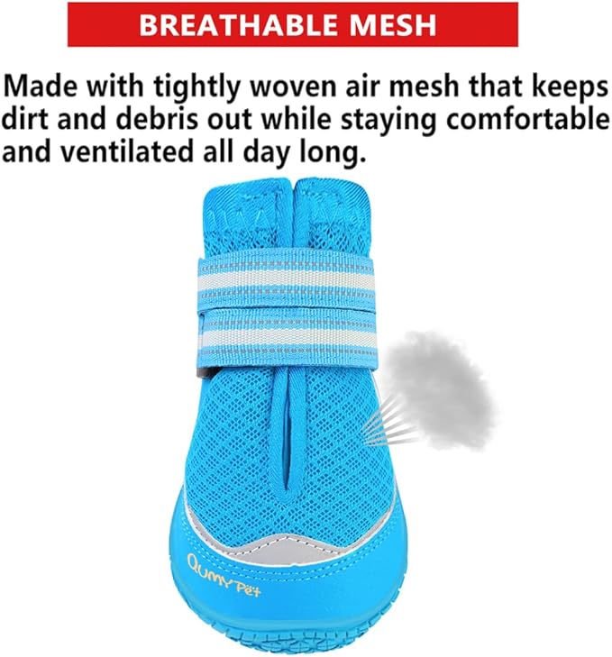 QUMY 4PCS Dog Boots for Large Dogs, Medium Dog Shoes & Paw Protectors for Hot Pavement, Summer Heat Protection, Mesh Breathable Nonslip Dog Booties for Hardfloors, Walking Running Hiking Blue Size 1