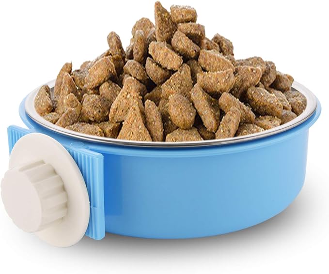 Crate Dog Bowl Removable Stainless Steel Water Food Feeder Bowls Cage Coop Cup for Cat Puppy Bird Pets (Large, Blue)