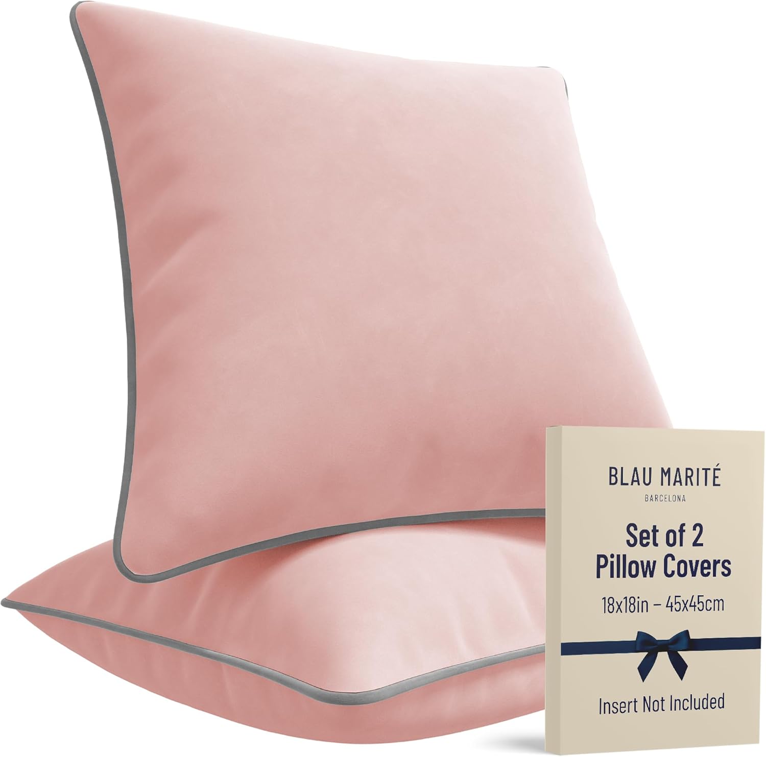 2 Pack Velvet Decorative Throw Pillow Covers, 18"x18", Pink and Grey, Solid, Modern, Contrast Piping, Indoor Use, Bedroom & Living Room