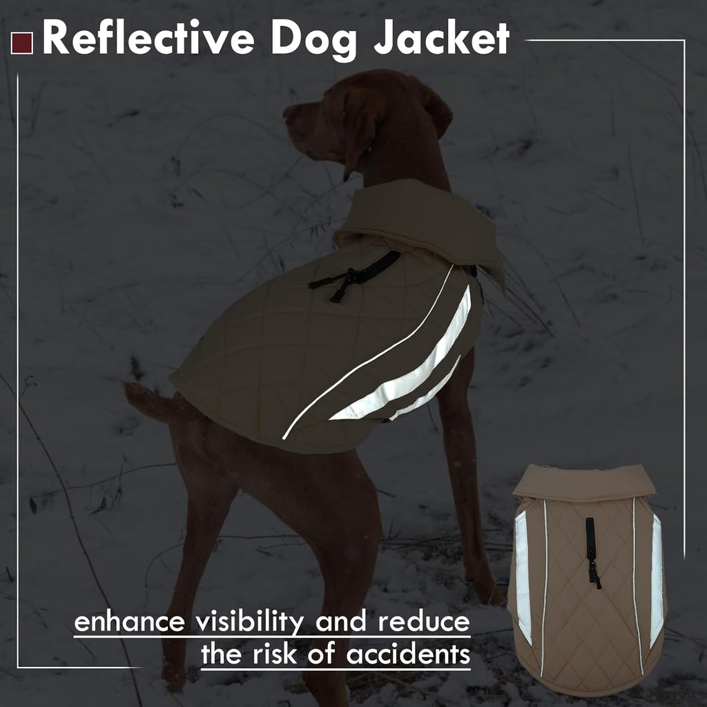 Dog Winter Coat Waterproof Dog Jacket with Harness Hole Reflective Windproof Fleece Snowsuit Turtleneck Hook & Loop Cold Weather Coats for Large Dogs Great Dane Doberman, Khaki 4XL