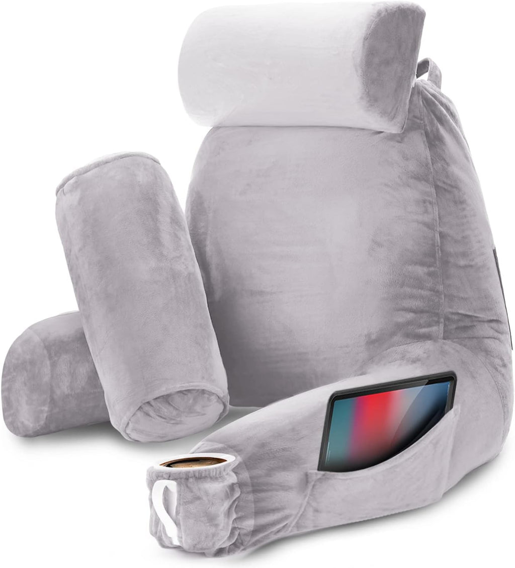 Nestl Reading Pillow with Shredded Memory Foam Includes 2 Neck and Lumber Support Pillows, Designed for Sitting Up in Bed and Couch, Back and Arms Adjustable Support for Adult & Teens, Grey Lavender