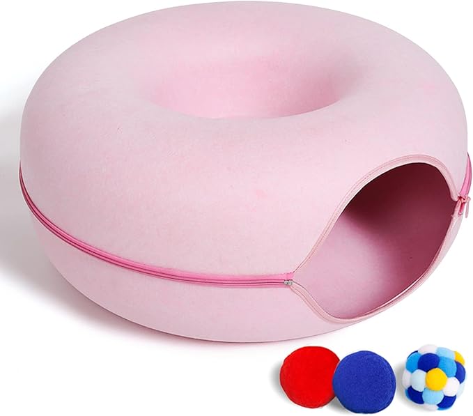 Large Cat Tunnel Bed for Indoor Cats with 3 Toys, Scratch Resistant Donut Cat Bed, Up to 30 Lbs (L 24x24x11, Pink)