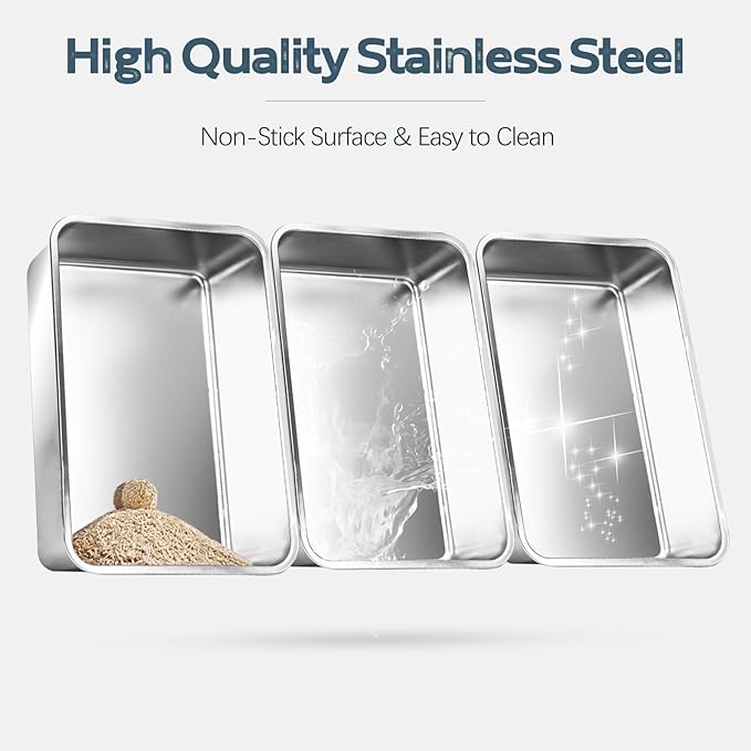 3 Pack Stainless Steel Litter Box, XL 22.9” x 15” x 10.3” High Sided Metal Cat Litter Tray with Scoop, Filter Pedal for Anti-Splash, Non-Sticky, Easy to Clean (Black)