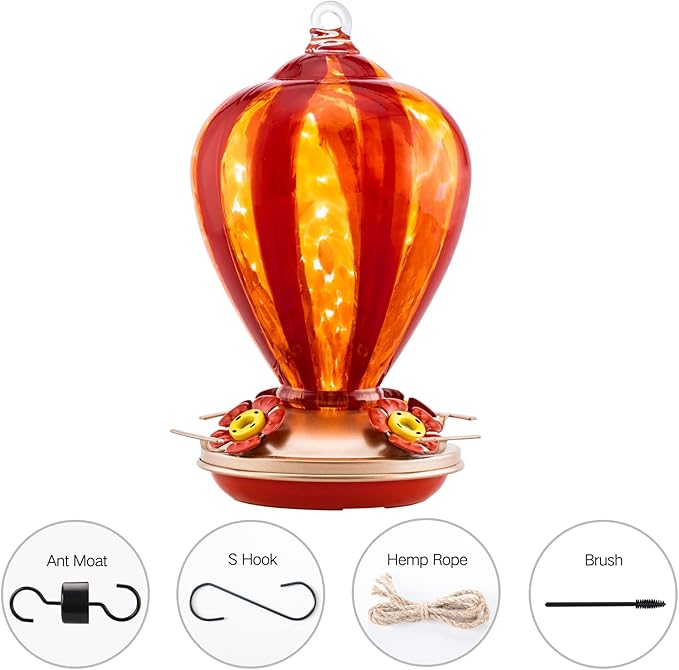 Hummingbird Feeder, 34OZ Hand Blown Glass Hummingbird Feeders for Outdoors Hanging, 4 Feeding Perch with Ant Moat Hook, Garden Yard Decor Gifts for Women Mom (Hot Air Balloon)