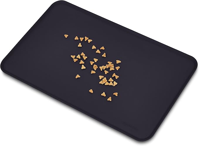 Amazon Basics Waterproof Anti-Slip Silicone Cat & Dog Food Mat, Pet Mats with Raised Edges for Food and Water Bowl to Protect Floors, 18.5 x 11.5 Inches, Black, Solid