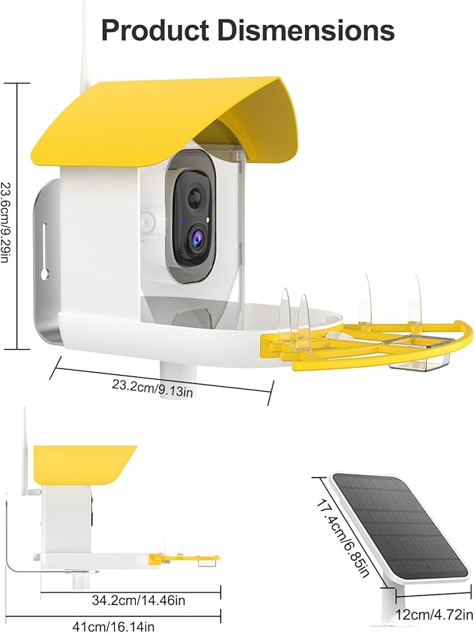 Smart Bird Feeder with Camera, Birds AI Identify, Motion Detection with Real-Time Notice, WiFi FHD Bird Camera, Auto Capture, Solar Powered Outdoor Charging Bird House, IP65 Waterproof,Yellow