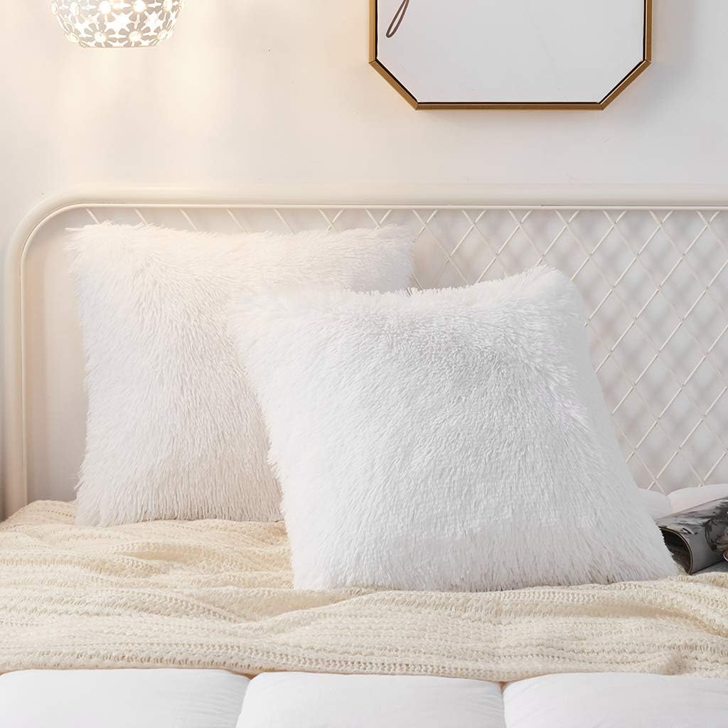 Uhamho Set of 2 Faux Fur Throw Pillow Covers Soft Velvet Decorative Pillowcases Zipper Closure (White, 18" x 18")