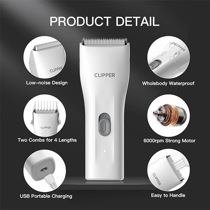 Prowerful Home Professional Dog Grooming Kit Clipper Low Noise USB Rechargeable Gifts for Dog Cat White,TS006