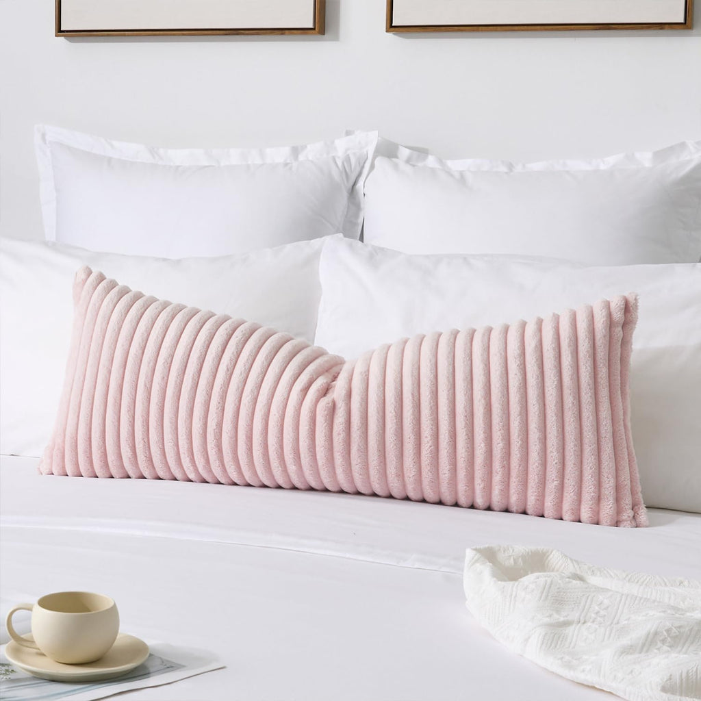 Kevin Textile Soft Plush 14x36 Inch Long Lumbar Pillow Cover 1 Pack, Luxury Fluffy Faux Fur Striped Flannel Rectangle Body Cushion Case for Girls Gift Couch Sofa Chair Bed Home Decor, Light Pink