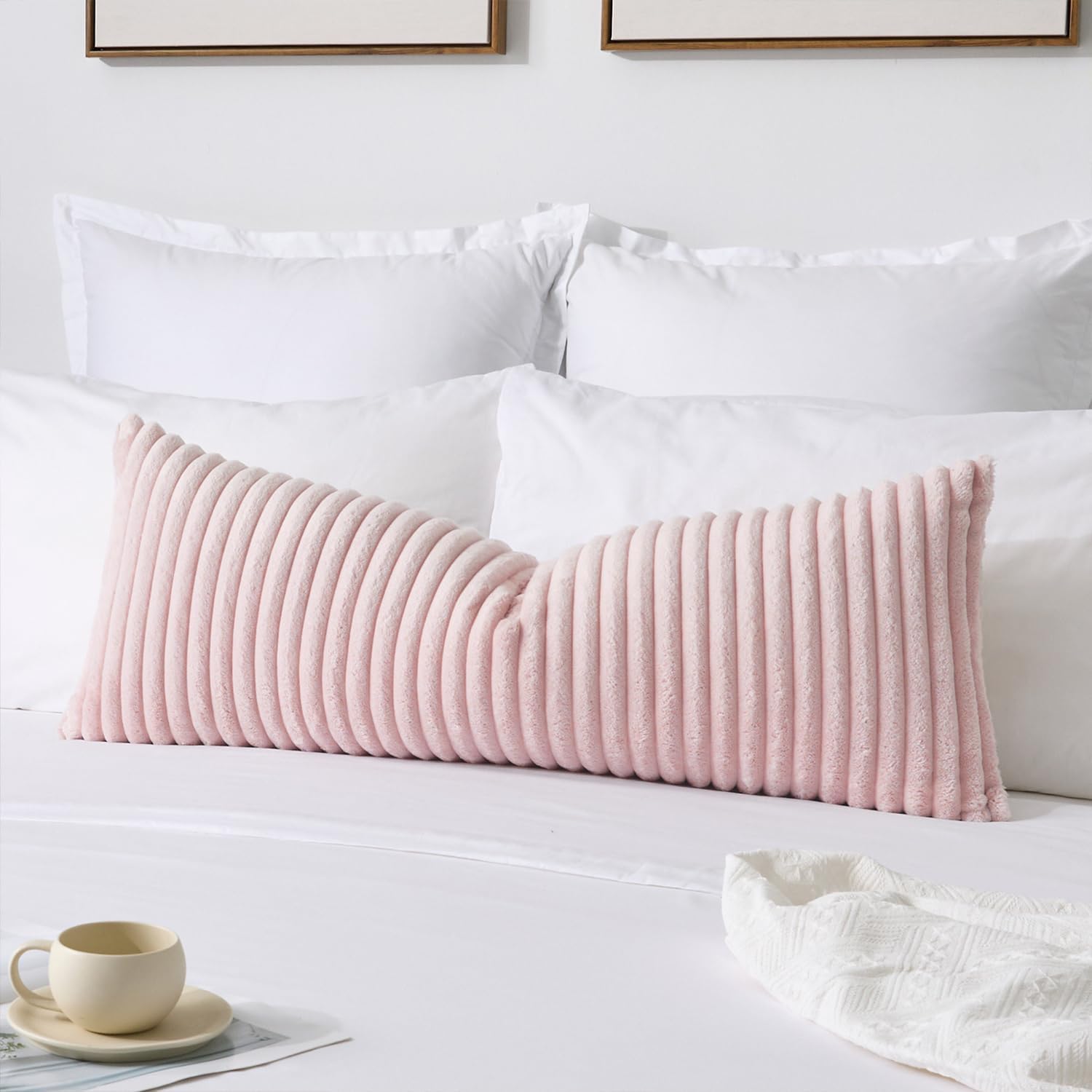 Kevin Textile Soft Plush 14x36 Inch Long Lumbar Pillow Cover 1 Pack, Luxury Fluffy Faux Fur Striped Flannel Rectangle Body Cushion Case for Girls Gift Couch Sofa Chair Bed Home Decor, Light Pink