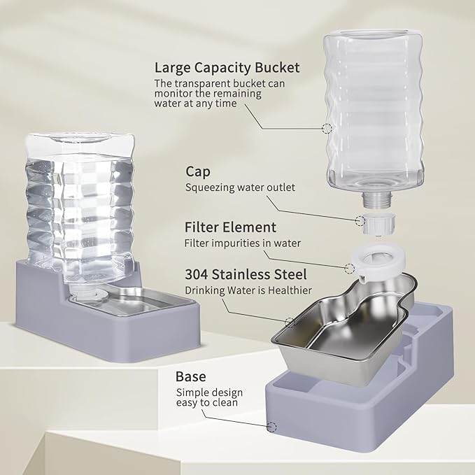 Sfozstra Automatic Dog Water Dispenser: 8L Large Gravity Light Gray Waterer with Stainless Steel Bowl - 100% BPA-Free - Suitable for Pet Owners Garden/Apartment